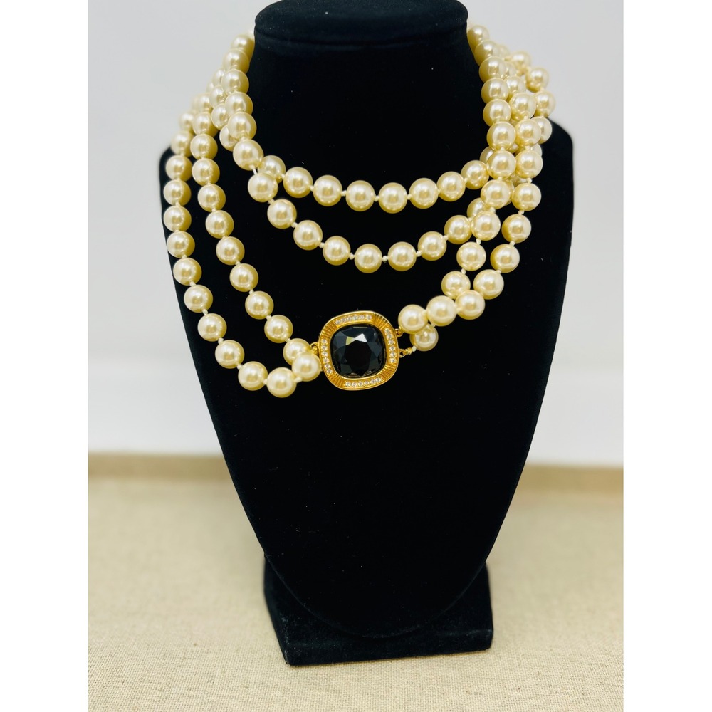 Vintage Swarovski SAL Gold Tone Double Strand Faux Pearl Black Stone Necklace
